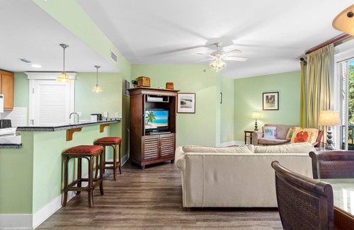 Baytowne Wharf Condo | 1BR Baytowne Condo with Lush Resort View! Tram, Walk to Wharf, Pool & Hot Tub